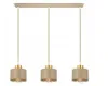 A modern, three-light pendant lamp with beige shades and gold accents, presented against a white background. Produktbild-Vorschau