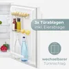The interior of a white refrigerator door is shown, with shelves holding bottles and eggs. There is also marketing text and an icon overlay. Produktbild-Vorschau