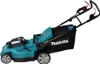 A teal and black Makita lawnmower is shown from a side angle on a white background. Náhled obrázku produktu