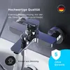 A close-up of a chrome faucet with water flowing from it, set against a dark background with text overlays highlighting quality and warranty. Produktbild-Vorschau