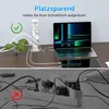 The top part of the image shows a clean desk setup with a retractable power strip, a laptop, and a plant. The bottom part shows a messy power strip with multiple plugs and a red 'X' symbol, implying a contrast between organized and disorganized power solut Produktbild-Vorschau