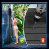 A woman is showering outdoors next to a solar shower, with a close-up of a drill on a wooden deck. Produktbild-Vorschau