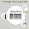 A white cabinet with a marble-effect top, featuring open doors and drawers, with callouts highlighting design details. Voir les images du produit