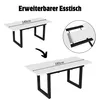 Collage showing an extendable dining table in two sizes, with dimensions labeled. Produktbild-Vorschau
