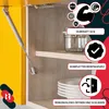 A gas spring for a cabinet door is shown attached to a yellow cabinet. The image also includes icons and text highlighting product features. Náhled obrázku produktu
