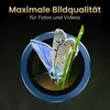 A close-up of a butterfly on a blade of grass, framed by a blue ring, with German text overlay. Produktbild-Vorschau