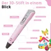 A pink 3D pen with various labels pointing to its features, along with small decorative elements like a house and a butterfly. Produktbild-Vorschau