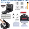 A collage of accessories for a Roborock robot vacuum cleaner, including brushes, filters, dust bags, and cleaning cloths. Produktbild-Vorschau