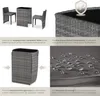 Collage of images showing a rattan furniture set, its table top, a storage unit, and water droplets on fabric. Produktbild-Vorschau