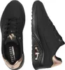 A pair of black Skechers sneakers with rose gold accents, shown from a top-down and side view. Voir les images du produit