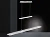A modern, multi-tiered pendant light fixture with a sleek, linear design, suspended against a dark background. Produktbild-Vorschau