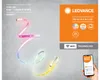 A coiled LED light strip with various colors displayed, next to a smartphone and marketing information. Podgląd zdjęcia produktu