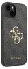 A close-up side view of a gray iPhone case with a repeating Guess logo pattern and a large gold Guess logo in the center. Podgląd zdjęcia produktu