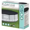 The image shows the retail packaging for a Bestway Flowclear pool cover. Produktbild-Vorschau