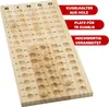 A wooden bingo board with numbered slots and some wooden balls placed in some of the slots. There are also red promotional text boxes on the right side of the image. Produktbild-Vorschau