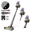 A collage of a cordless vacuum cleaner and its accessories, including a digital display, different attachments, and a wall mount.