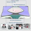 A diagram of an ergonomic pillow with labels indicating different support areas and benefits, accompanied by small inset images illustrating potential pain points addressed by the pillow. Produktbild-Vorschau