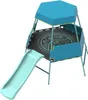 A blue and teal metal climbing frame with a slide and a patterned play mat. Produktbild-Vorschau
