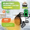 A heater/fan product is shown in a snowy outdoor setting, with marketing text and icons overlaid. Voir les images du produit
