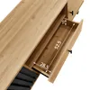 A close-up view of a wooden TV stand with an open drawer, showing interior dimensions. Podgląd zdjęcia produktu
