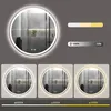 A round LED mirror with a copper frame, displayed with different lighting options and color temperatures. Produktbild-Vorschau