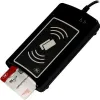A black card reader with a card inserted into it, set against a white background. Produktbild-Vorschau