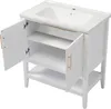 A white bathroom vanity with a ceramic sink and two doors open, revealing shelves. Voir les images du produit