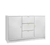 A white sideboard with fluted doors and drawers, featuring gold handles, against a white background.
