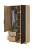 An open wardrobe with clothes hanging inside and drawers at the bottom, set against a white background. Voir les images du produit