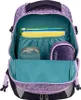 An open backpack showing its interior compartments with books and pencil cases. Produktbild-Vorschau