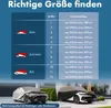 A size chart for car covers, showing different vehicle types and corresponding size numbers with length ranges. Below the chart, two cars are shown covered with car covers. Produktbild-Vorschau