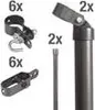 A collection of fence hardware components and poles, with quantity indicators. Voir les images du produit