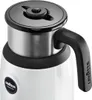 A close-up shot of a white milk frother with a black lid and handle. Produktbild-Vorschau