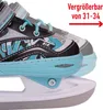 Close-up of adjustable ice skates with text overlay indicating size adjustment. Podgląd zdjęcia produktu