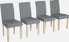 Four gray upholstered dining chairs with light brown wooden legs are arranged in a row against a white background. Produktbild-Vorschau