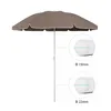 A brown umbrella with a white trim is shown against a white background. Two circular insets show close-ups of the umbrella pole with measurements. Produktbild-Vorschau