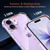A close-up marketing image showing two transparent phone cases with orange accents, highlighting camera and display protection with measurements. Anteprima dell’immagine prodotto