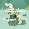 A toy dinosaur slide with small dinosaur figures on it, set against a green, stylized background with mushroom shapes. Náhled obrázku produktu