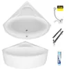 A white corner bathtub with accessories and a tube of silicone sealant. Produktbild-Vorschau