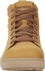 A close-up front view of a tan Birkenstock high-top shoe with brown laces. Produktbild-Vorschau