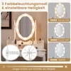 A vanity mirror with LED lights and makeup on a dresser, with inset images showing different light settings. Voir les images du produit