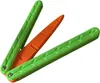 A close-up, angled view of a folded toy knife with a carrot-shaped blade and green handles, set against a white background. Voir les images du produit