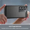 Hands holding a phone with a protective case, showcasing its texture and camera module. Produktbild-Vorschau