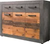 A close-up studio shot of a kommode with a weathered wood front and a gray metal frame. Produktbild-Vorschau