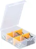 A transparent plastic organizer box with yellow dividers, filled with various screws, bolts, and washers. Voir les images du produit