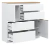 A white dresser with a wooden top, showing open drawers and a cabinet door. Produktbild-Vorschau
