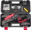 A black carrying case containing a cordless chainsaw kit, including batteries, charger, safety glasses, and tools. Náhled obrázku produktu