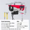 A red electric hoist with dimensions and specifications displayed. Náhľad obrázku produktu