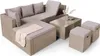 A beige rattan sectional sofa with a glass-topped coffee table and two ottomans, set against a white background. Produktbild-Vorschau
