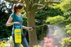A woman is spraying plants in a garden with a yellow pressure sprayer. Anteprima dell’immagine prodotto